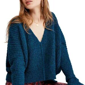 Free People Blue V Neck Alpaca Oversized Boxy Soft Knit Pullover Sweater S